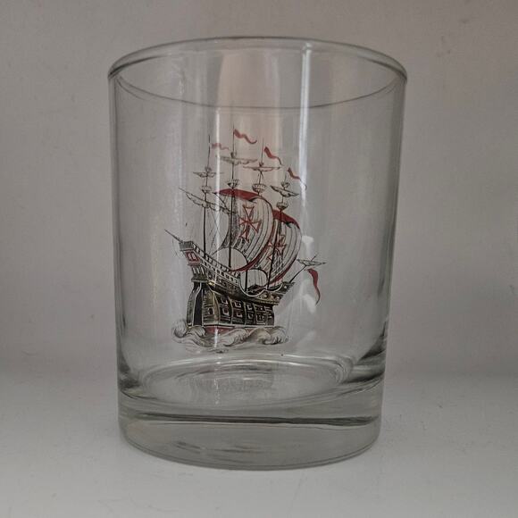 Vintage Ship Glass Tumbler Pair Gold Red Nautical Barware 4" Sailing Galleon - Picture 3 of 7